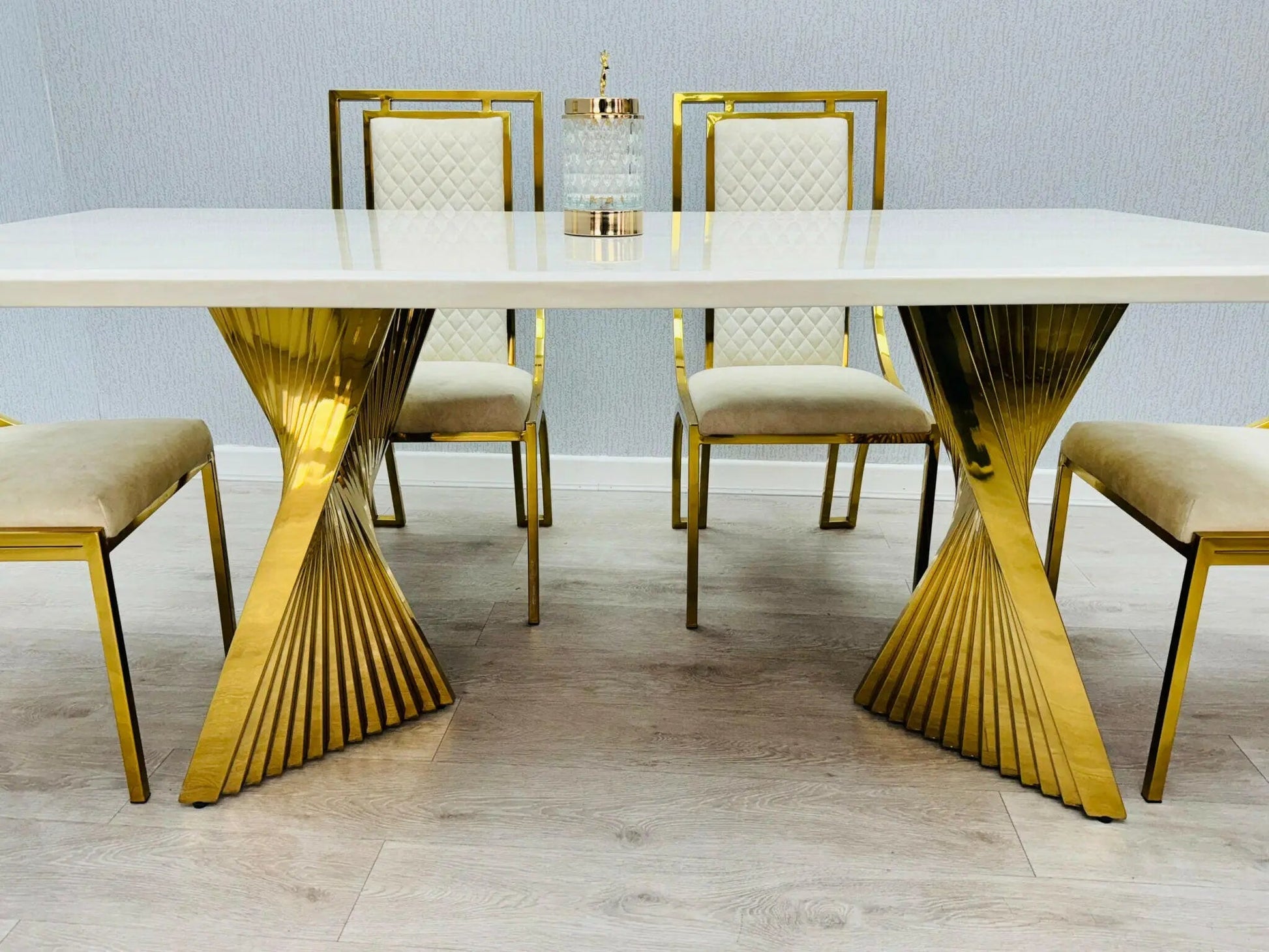 Ravello 1.8m Gold Marble Dining Table with Porado Cream & Gold Chairs – Modern Luxury Dining Set