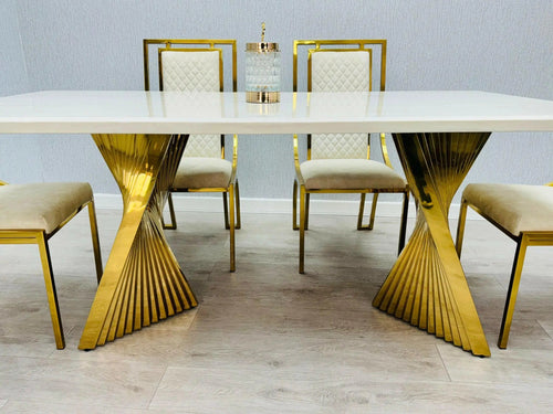 Ravello 1.8m Gold Marble Dining Table with Porado Cream & Gold Chairs – Modern Luxury Dining Set