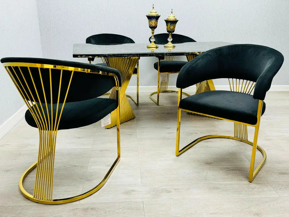 Ravello 1.8m Gold Marble Dining Table with Porado Cream & Gold Chairs – Modern Luxury Dining Set