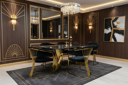 Ravello 1.8m Gold Marble Dining Table with Porado Cream & Gold Chairs – Modern Luxury Dining Set