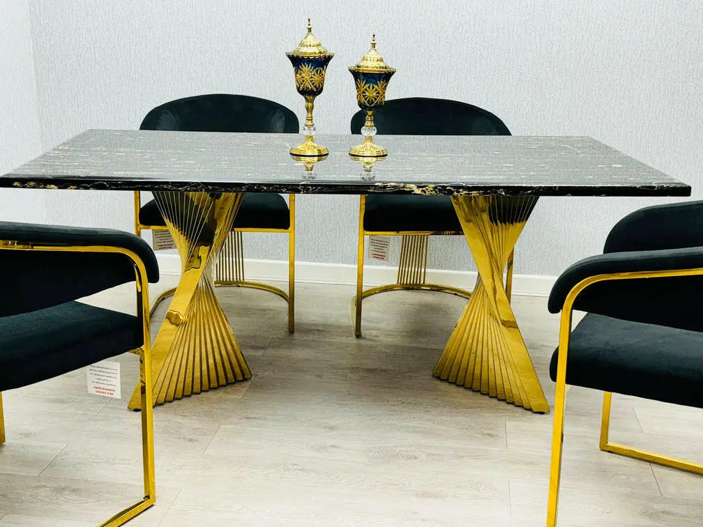 Ravello 1.8m Gold Marble Dining Table with Porado Cream & Gold Chairs – Modern Luxury Dining Set