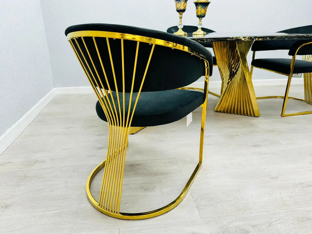 Ravello 1.8m Gold Marble Dining Table with Porado Cream & Gold Chairs – Modern Luxury Dining Set