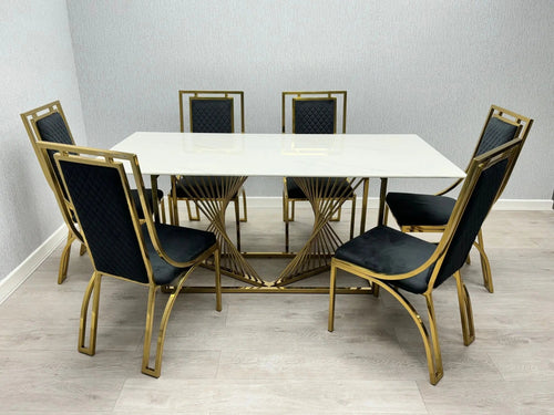 Amelia White Ceramic 180cm Dining Table – Gold Frame