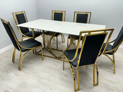 Amelia White Ceramic 180cm Dining Table – Gold Frame