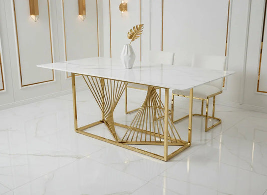 Amelia White Ceramic 180cm Dining Table – Gold Frame