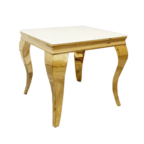 The Louis Gold Lamp Table features a glossy white top and four curved, reflective gold legs, making it a sophisticated marble side or lamp table that enhances any minimalist décor.