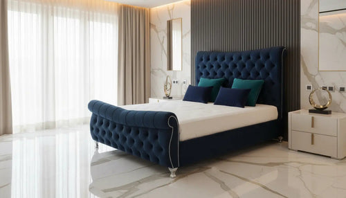 Devina Sleigh Plush Velvet Bed – Bespoke Curved Chesterfield Bedframe (Handcrafted in the UK)