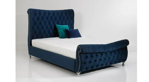Devina Sleigh Plush Velvet Bed – Bespoke Curved Chesterfield Bedframe (Handcrafted in the UK)