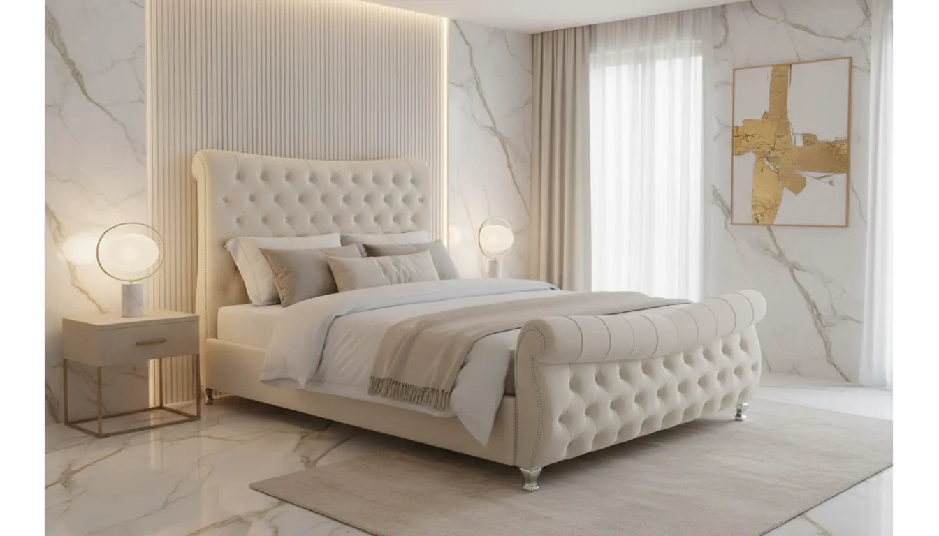 Devina Sleigh Plush Velvet Bed – Bespoke Curved Chesterfield Bedframe (Handcrafted in the UK)