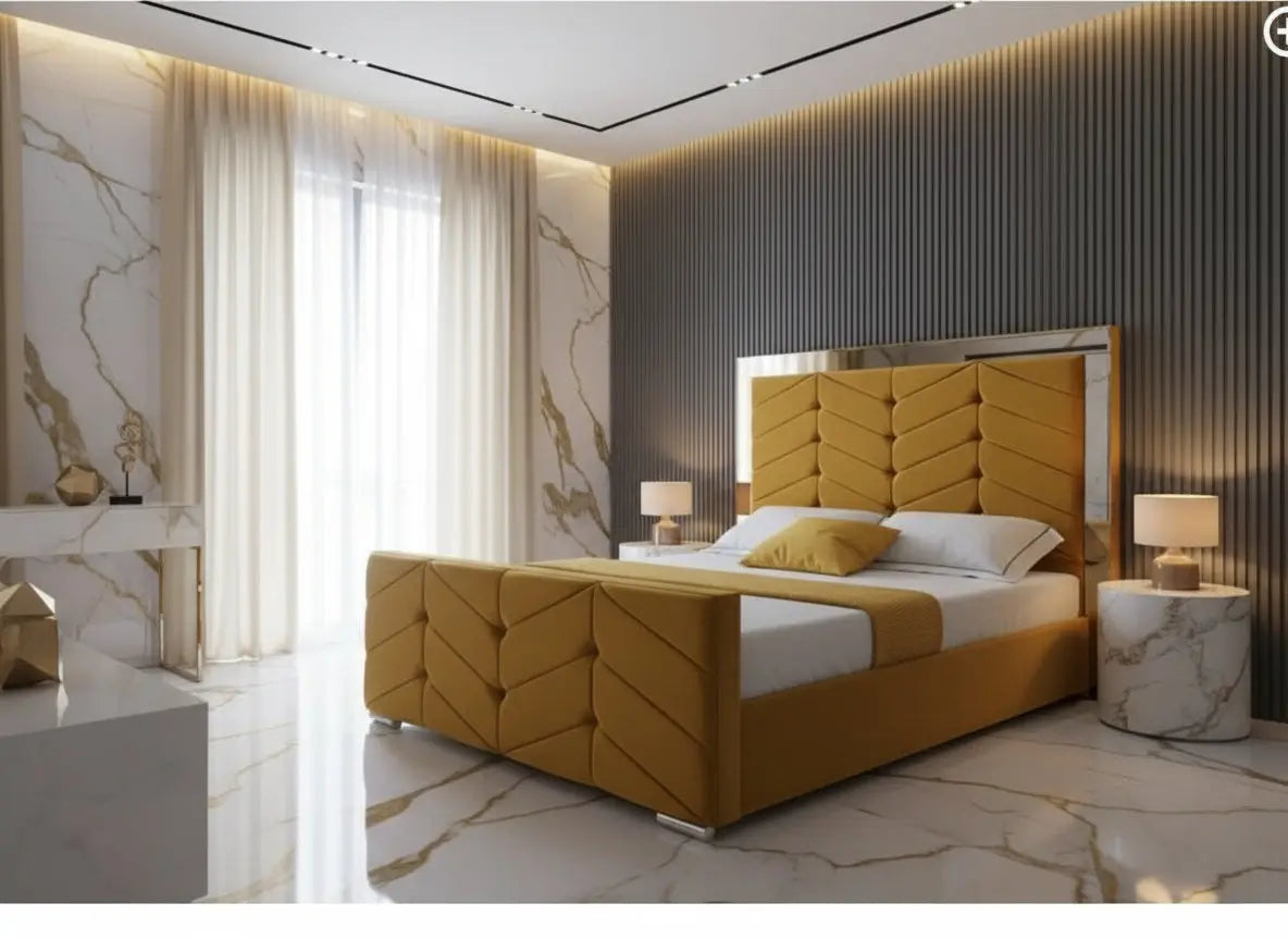 Luciana Mirrored Bed Frame – Plush Velvet, Bespoke Handmade Design