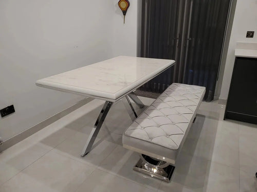 Karla White & Chrome Metal Finish Dining Table Set + 6 Dining Chairs