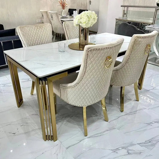 Sorrento Sintered Stone Rectangle Dining Table + Majestic Velvet Dining Chairs – Luxury Cream & Gold Dining Set