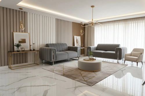 Genova 2+2 Seater Sofa Set – Grey Velvet with Chrome Detailing & Legs | Modern Luxury Sofa