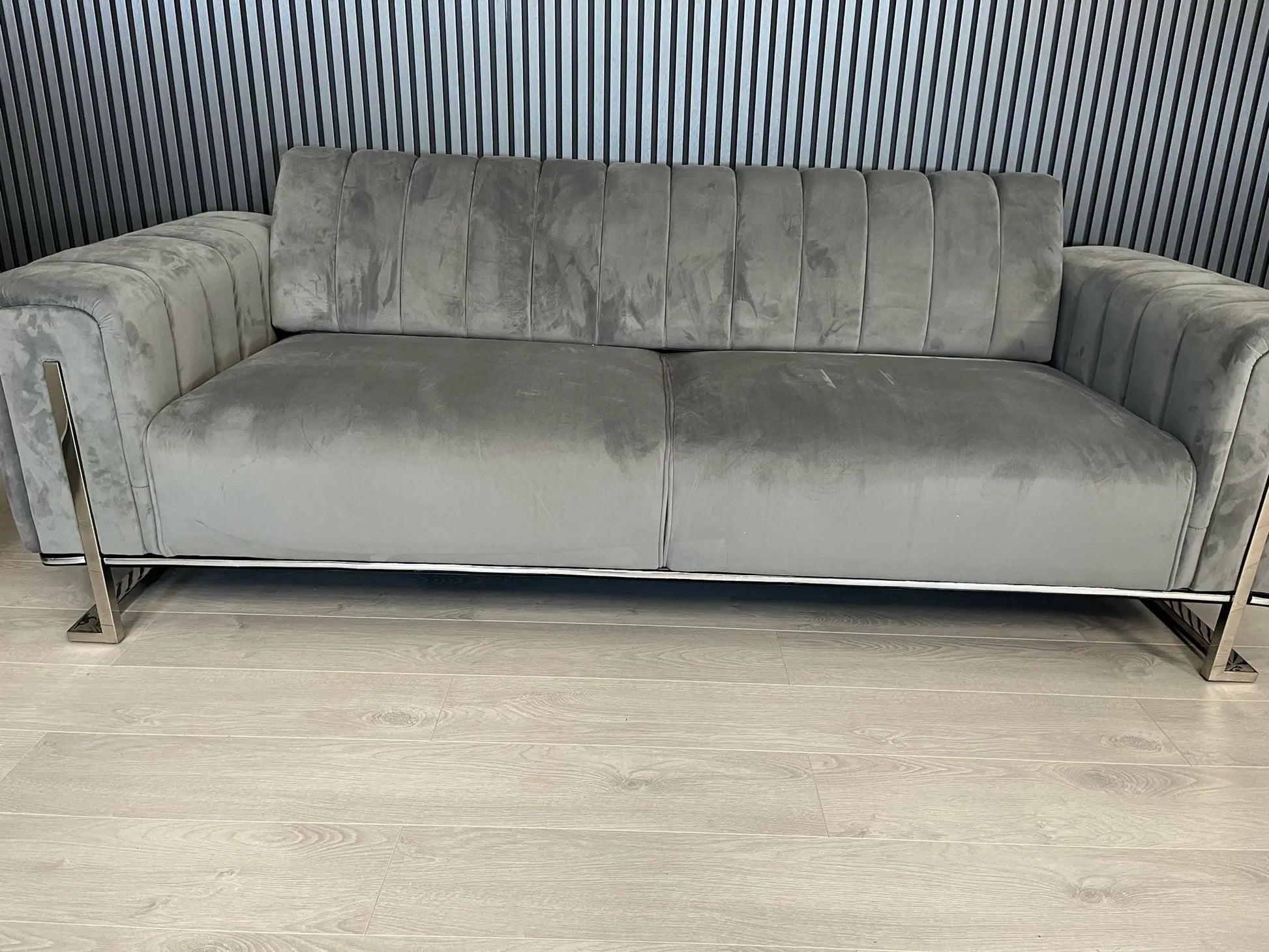 Genova 2+2 Seater Sofa Set – Grey Velvet with Chrome Detailing & Legs | Modern Luxury Sofa