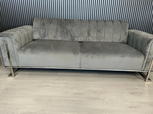 Genova 2+2 Seater Sofa Set – Grey Velvet with Chrome Detailing & Legs | Modern Luxury Sofa