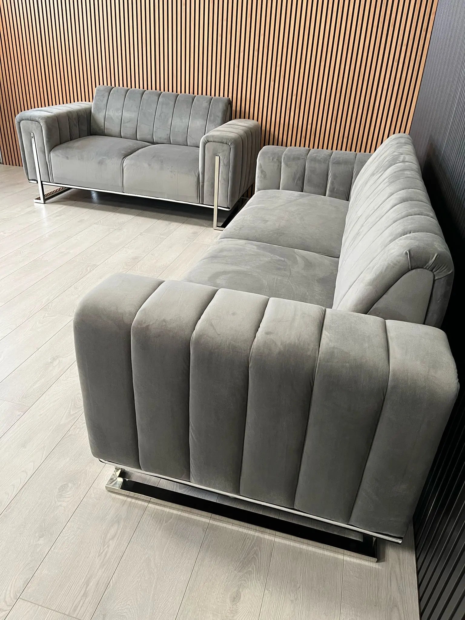 Genova 2+2 Seater Sofa Set – Grey Velvet with Chrome Detailing & Legs | Modern Luxury Sofa