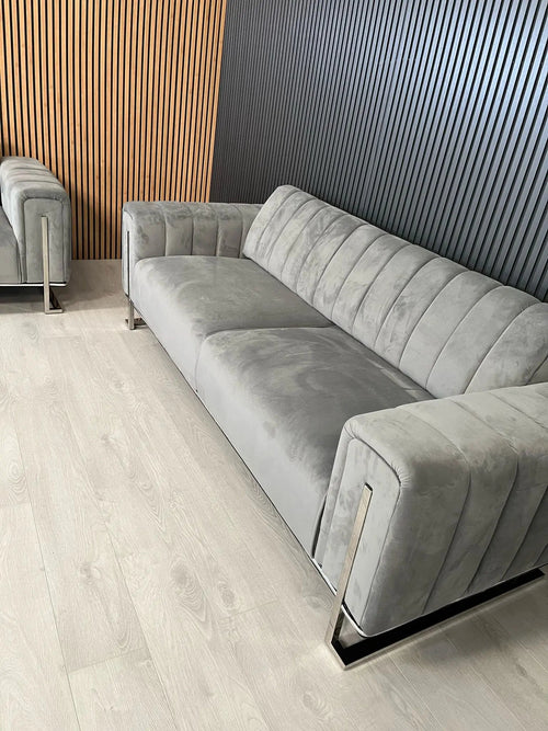 Genova 2+2 Seater Sofa Set – Grey Velvet with Chrome Detailing & Legs | Modern Luxury Sofa