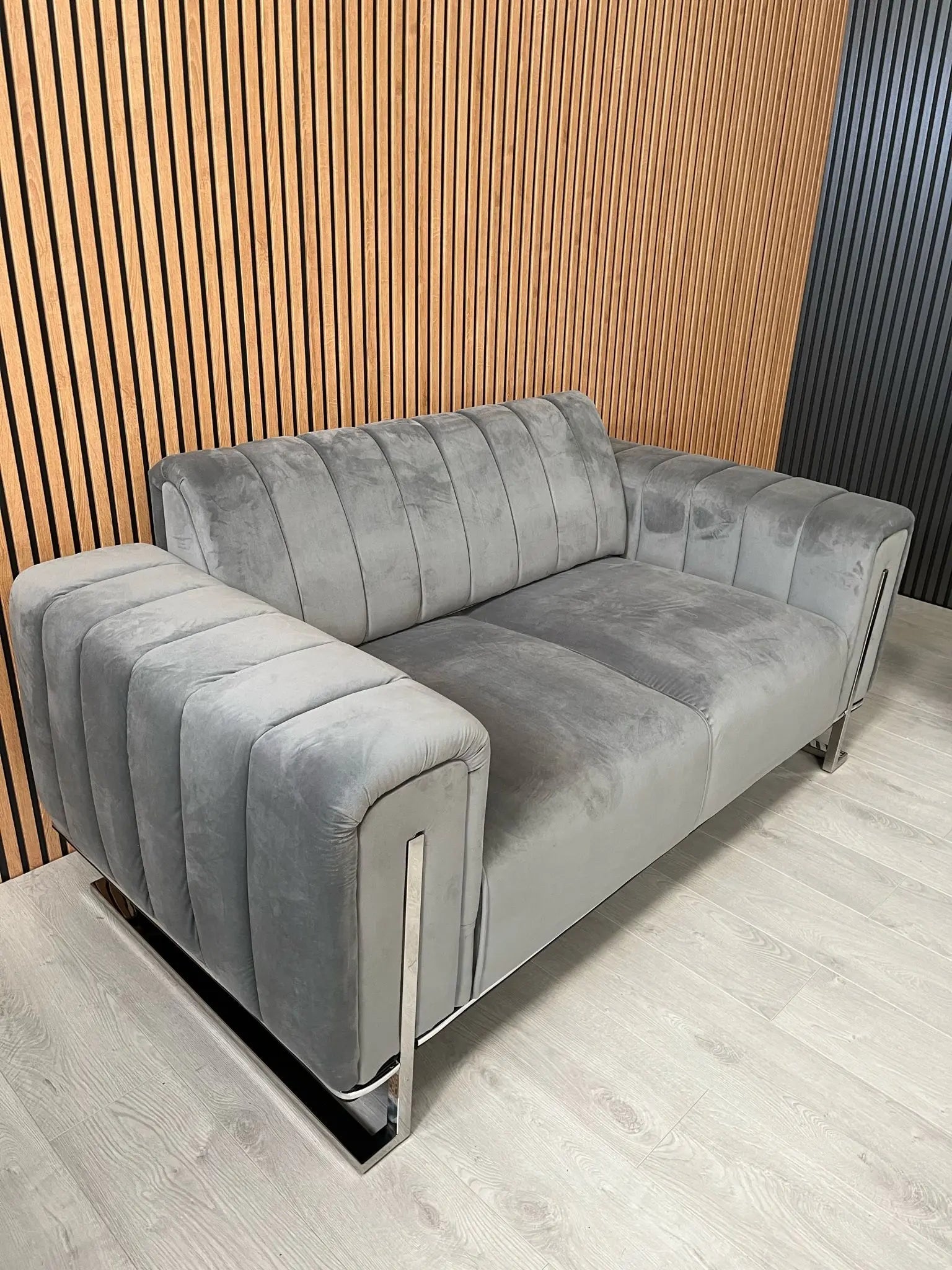 Genova 2+2 Seater Sofa Set – Grey Velvet with Chrome Detailing & Legs | Modern Luxury Sofa