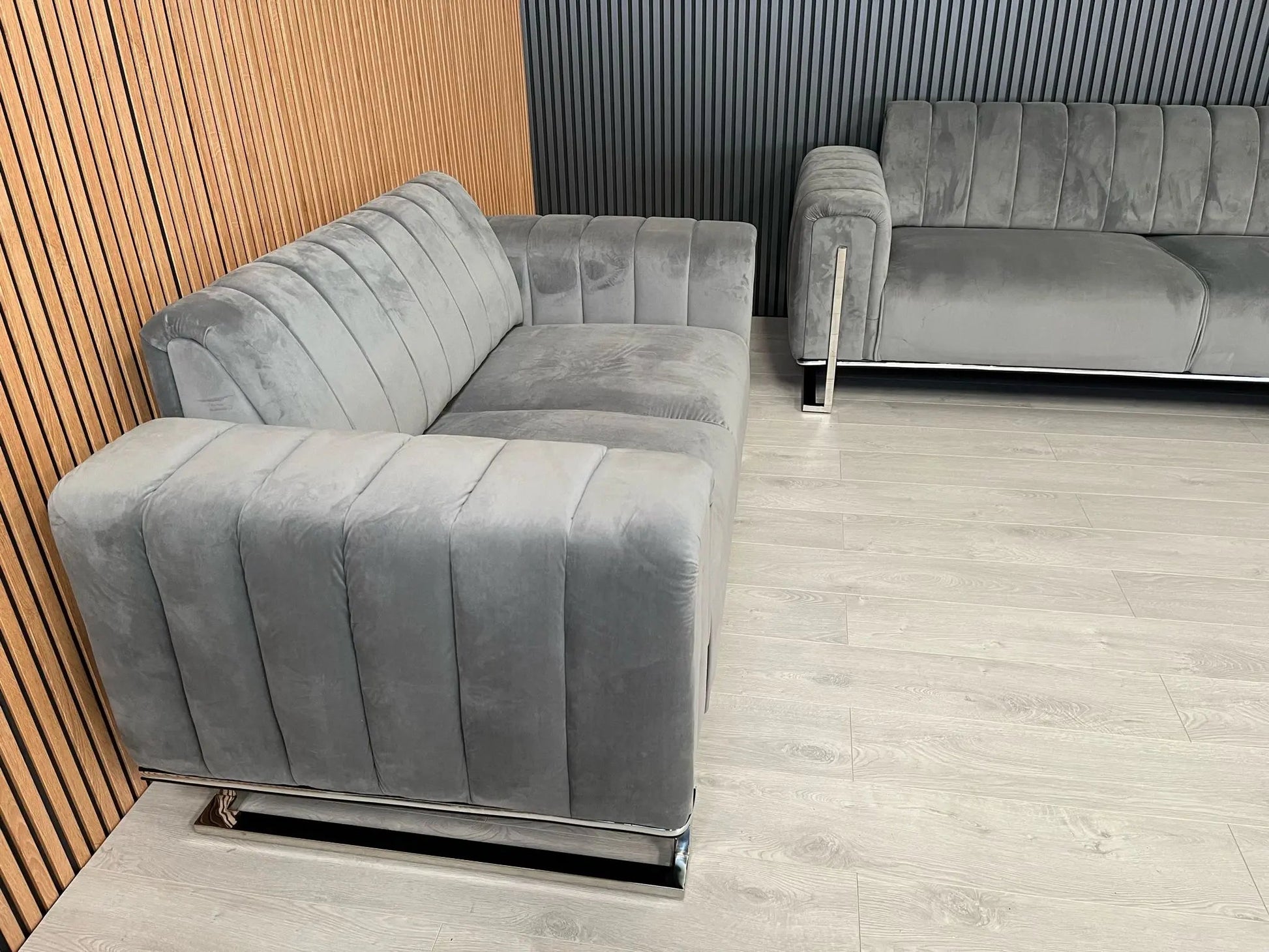 Genova 2+2 Seater Sofa Set – Grey Velvet with Chrome Detailing & Legs | Modern Luxury Sofa