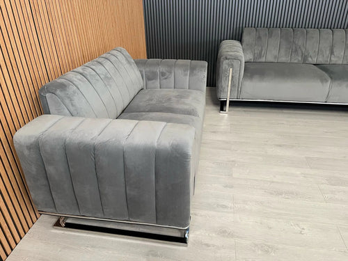 Genova 2+2 Seater Sofa Set – Grey Velvet with Chrome Detailing & Legs | Modern Luxury Sofa