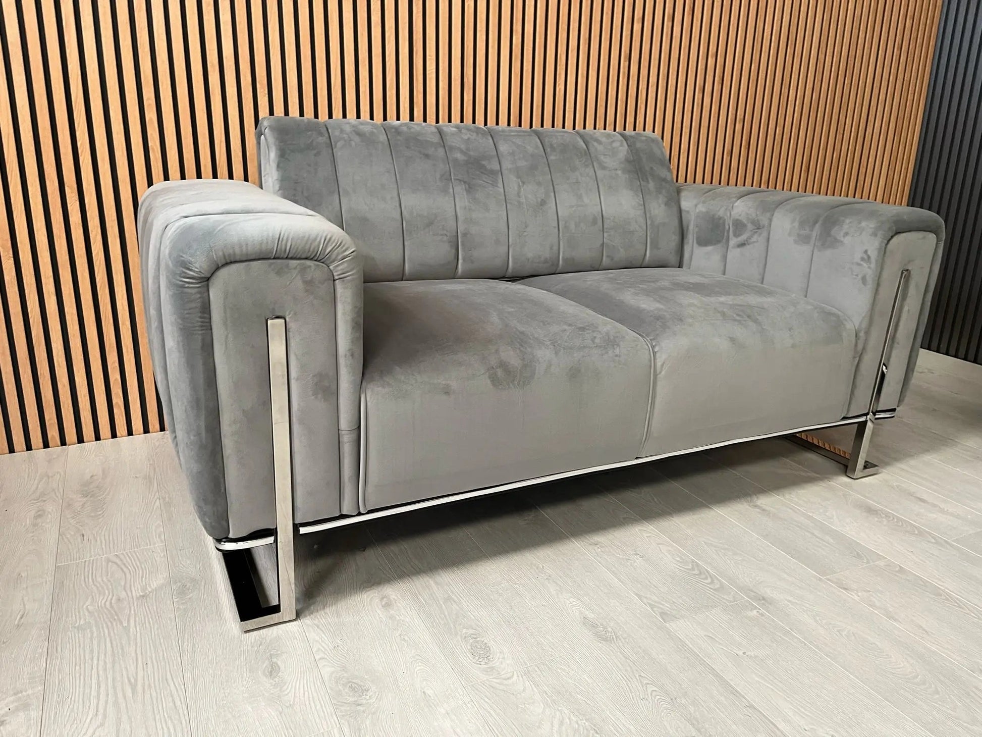 Genova 2+2 Seater Sofa Set – Grey Velvet with Chrome Detailing & Legs | Modern Luxury Sofa