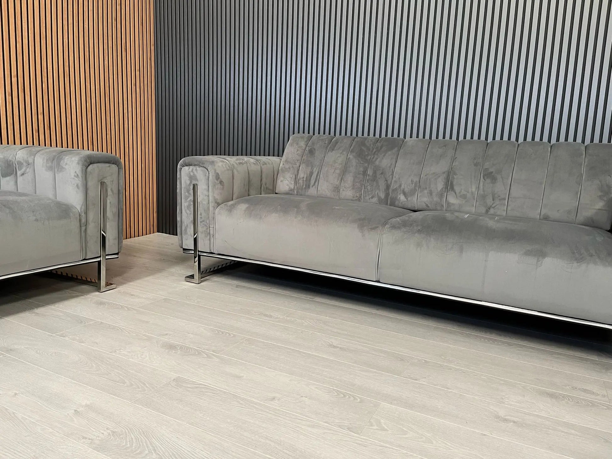 Genova 2+2 Seater Sofa Set – Grey Velvet with Chrome Detailing & Legs | Modern Luxury Sofa