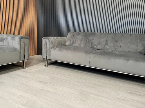 Genova 2+2 Seater Sofa Set – Grey Velvet with Chrome Detailing & Legs | Modern Luxury Sofa