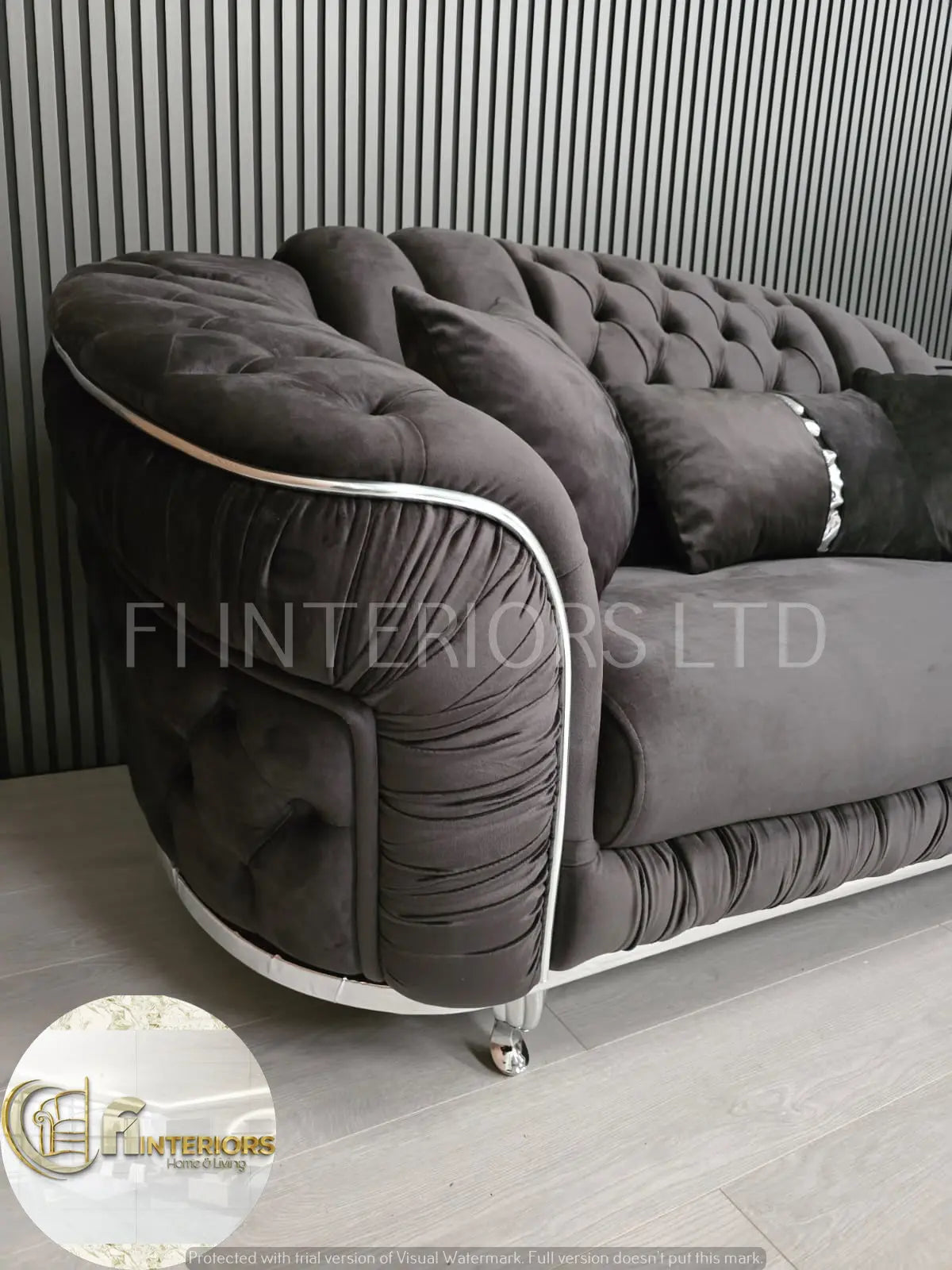Konan 2-Seater Sofa – Grey Velvet with Chrome Detailing & Legs | Modern Luxury Sofa