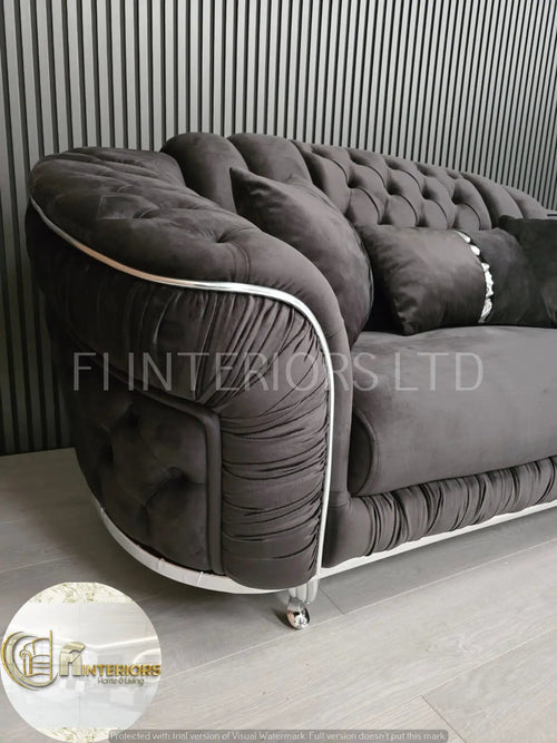 Konan 2-Seater Sofa – Grey Velvet with Chrome Detailing & Legs | Modern Luxury Sofa