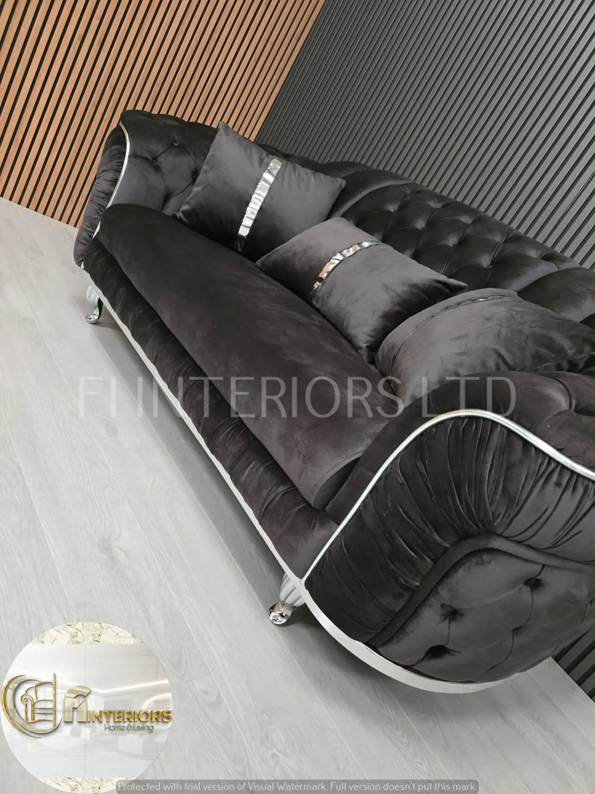 Konan 2-Seater Sofa – Grey Velvet with Chrome Detailing & Legs | Modern Luxury Sofa