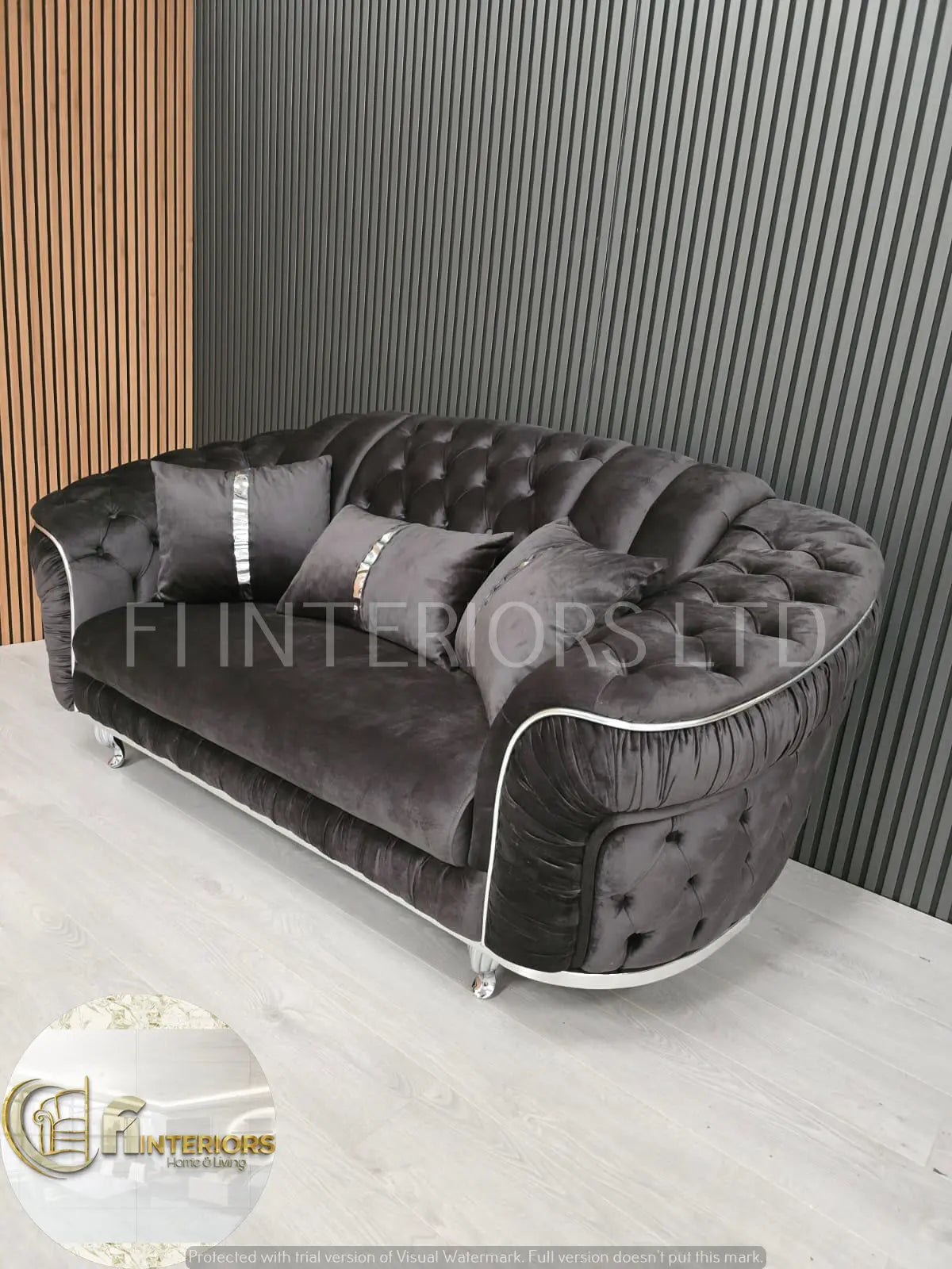 Konan 2-Seater Sofa – Grey Velvet with Chrome Detailing & Legs | Modern Luxury Sofa
