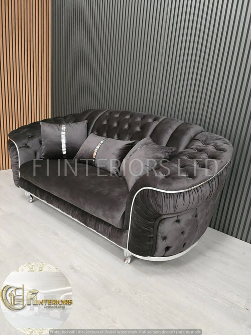 Konan 2-Seater Sofa – Grey Velvet with Chrome Detailing & Legs | Modern Luxury Sofa