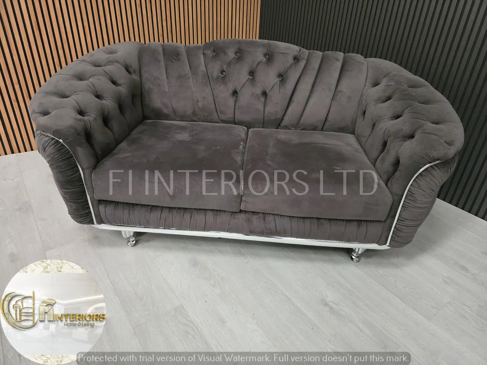 Konan 2-Seater Sofa – Grey Velvet with Chrome Detailing & Legs | Modern Luxury Sofa