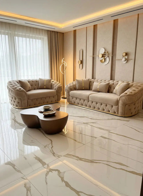 Ambassador 3+2 Seater Sofa – Champagne Velvet with Gold Detailing | Luxury Modern Sofa