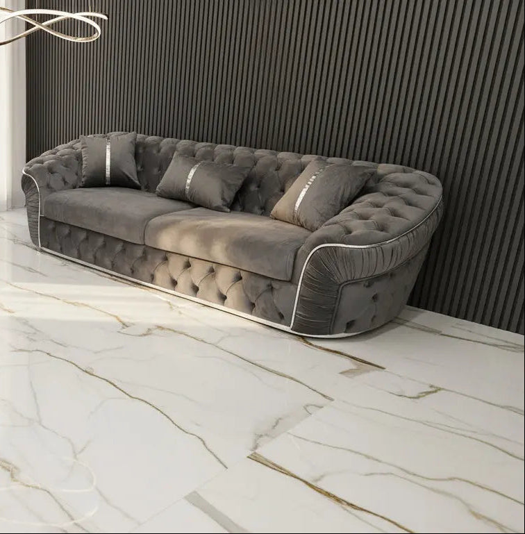 Ambassador Sofa Range – Grey V27 Velvet with Chrome Detailing | Luxury Modern Sofa Set