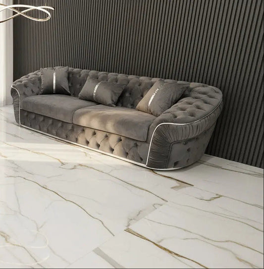 Ambassador Sofa Range – Grey V27 Velvet with Chrome Detailing | Luxury Modern Sofa Set