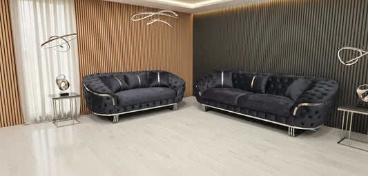 Kingston 3+2 Anthracite Grey Velvet Sofa Set with Chrome Detailing – Modern Luxury Sofa