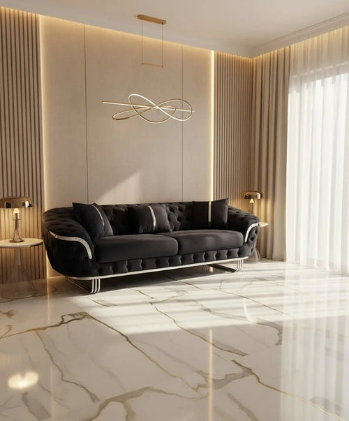 Kingston 3+2 Anthracite Grey Velvet Sofa Set with Chrome Detailing – Modern Luxury Sofa