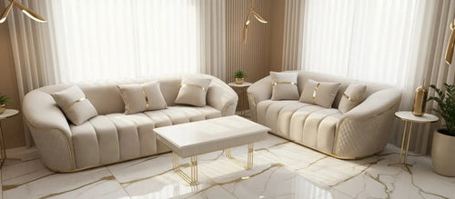 Rosa 3+2 Seater Champagne Velvet Sofa Set with Gold Detailing – Luxury Sofa Suite
