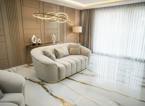 Rosa 3+2 Seater Champagne Velvet Sofa Set with Gold Detailing – Luxury Sofa Suite