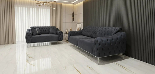 Monalisa 3+2 Seater Sofa Set – Steel Velvet with Chrome Detailing & Legs | Luxury Modern Sofa