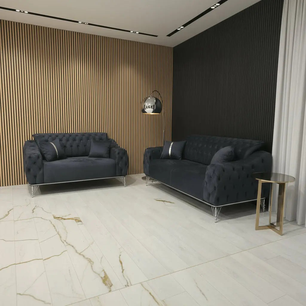 Monalisa 3+2 Seater Sofa Set – Steel Velvet with Chrome Detailing & Legs | Luxury Modern Sofa