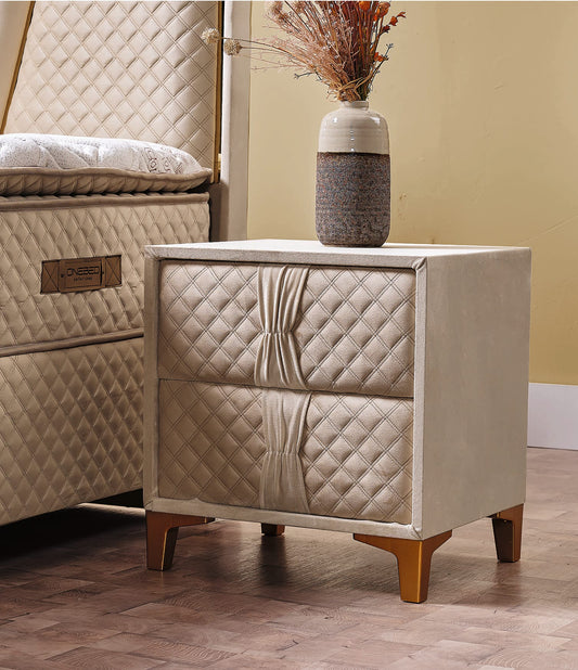 Helix Upholstered Bedside Cabinet with Gold Legs – 2 Drawer Luxury Nightstand
