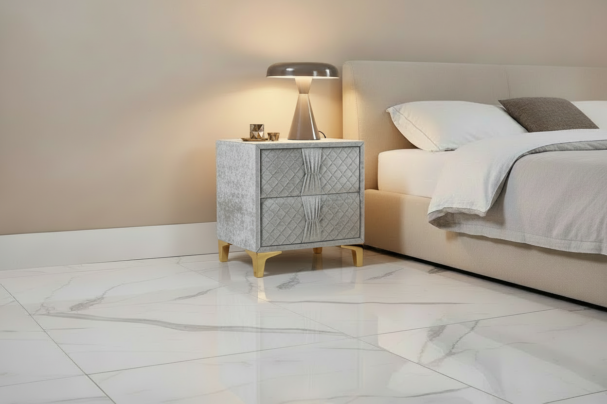 Helix Upholstered Bedside Cabinet with Gold Legs – 2 Drawer Luxury Nightstand