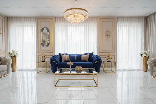 Ambassador 2 Seater Sofa  – Navy Velvet with Gold Detailing | Modern Luxury Sofa CELEBRITY INTERIORS