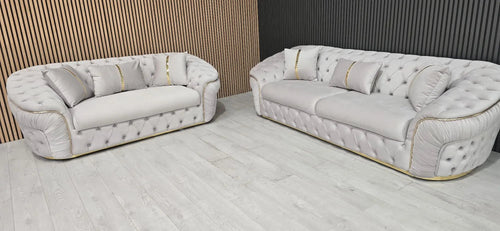 Ambassador 3+2 Seater Sofa – Champagne Velvet with Gold Detailing | Luxury Modern Sofa