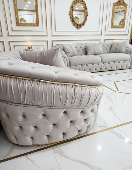 Ambassador 3+2 Seater Sofa – Champagne Velvet with Gold Detailing | Luxury Modern Sofa