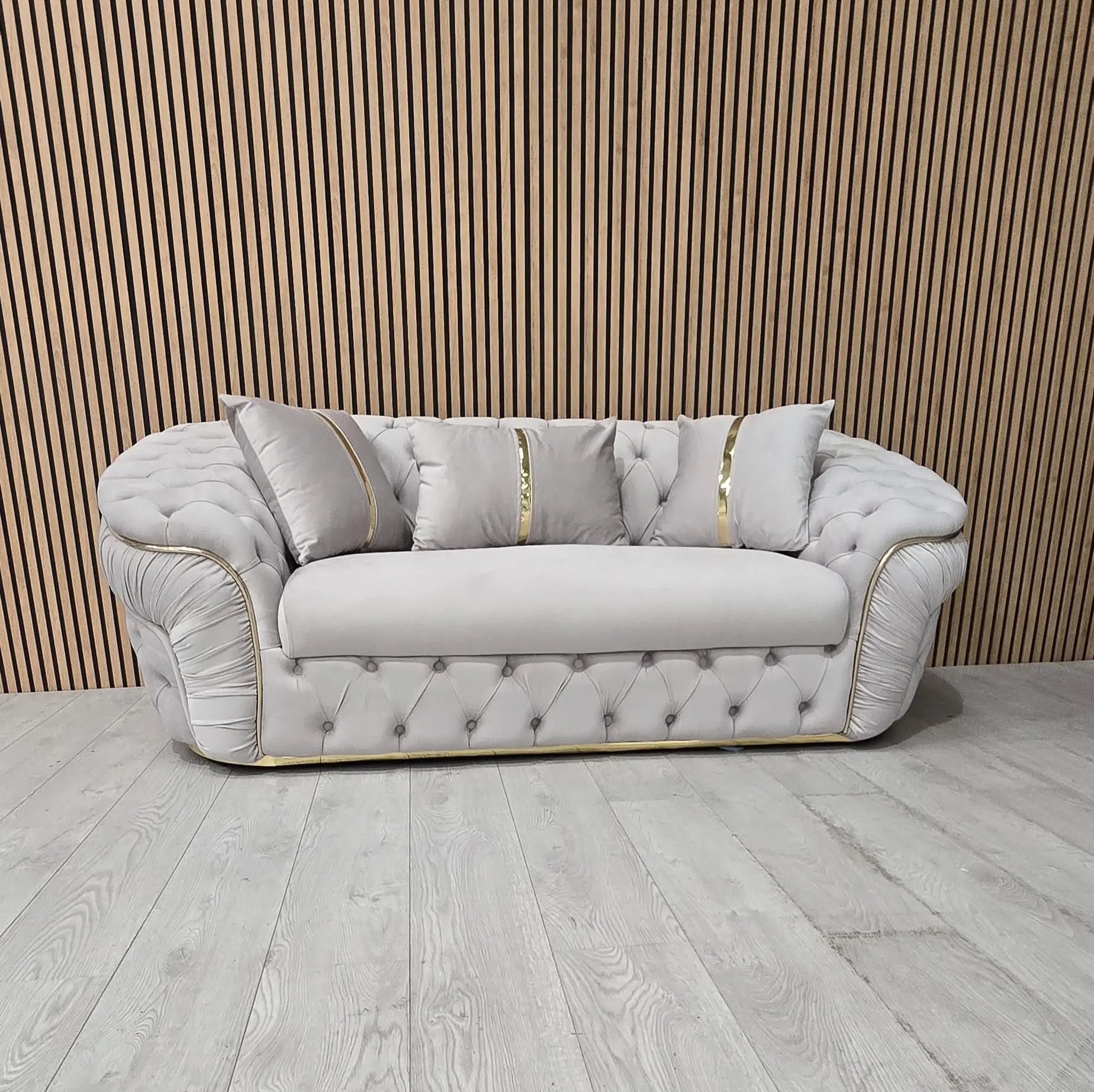 Ambassador 3+2 Seater Sofa – Champagne Velvet with Gold Detailing | Luxury Modern Sofa