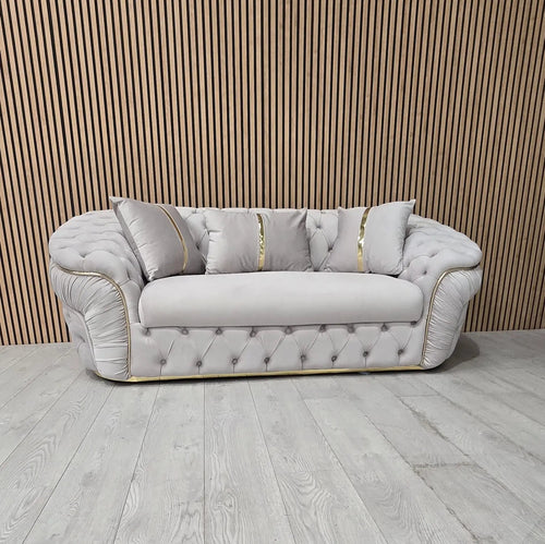 Ambassador 3+2 Seater Sofa – Champagne Velvet with Gold Detailing | Luxury Modern Sofa