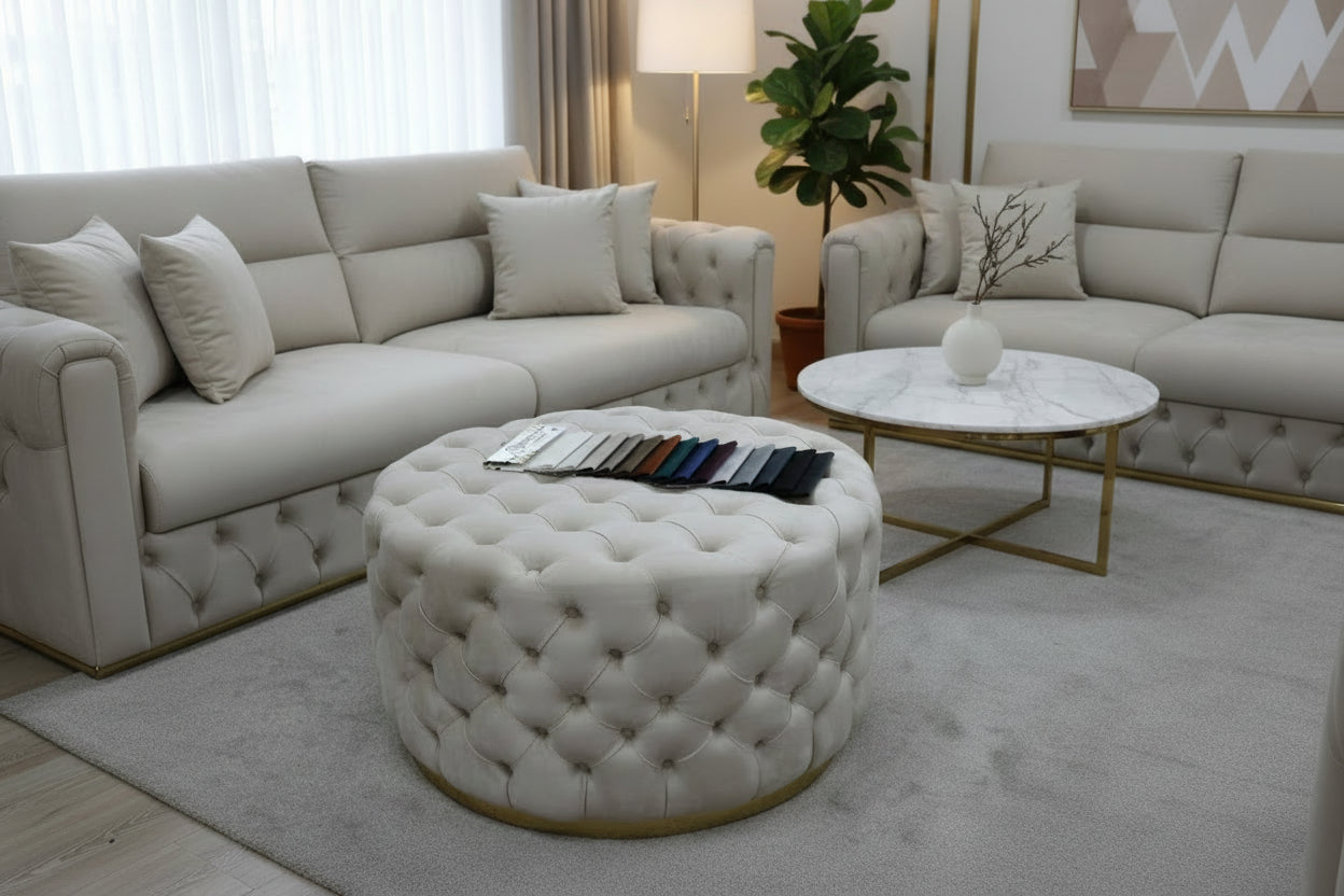 Round Upholstered Footstool (Large) – Champagne & Gold Bespoke Beds
